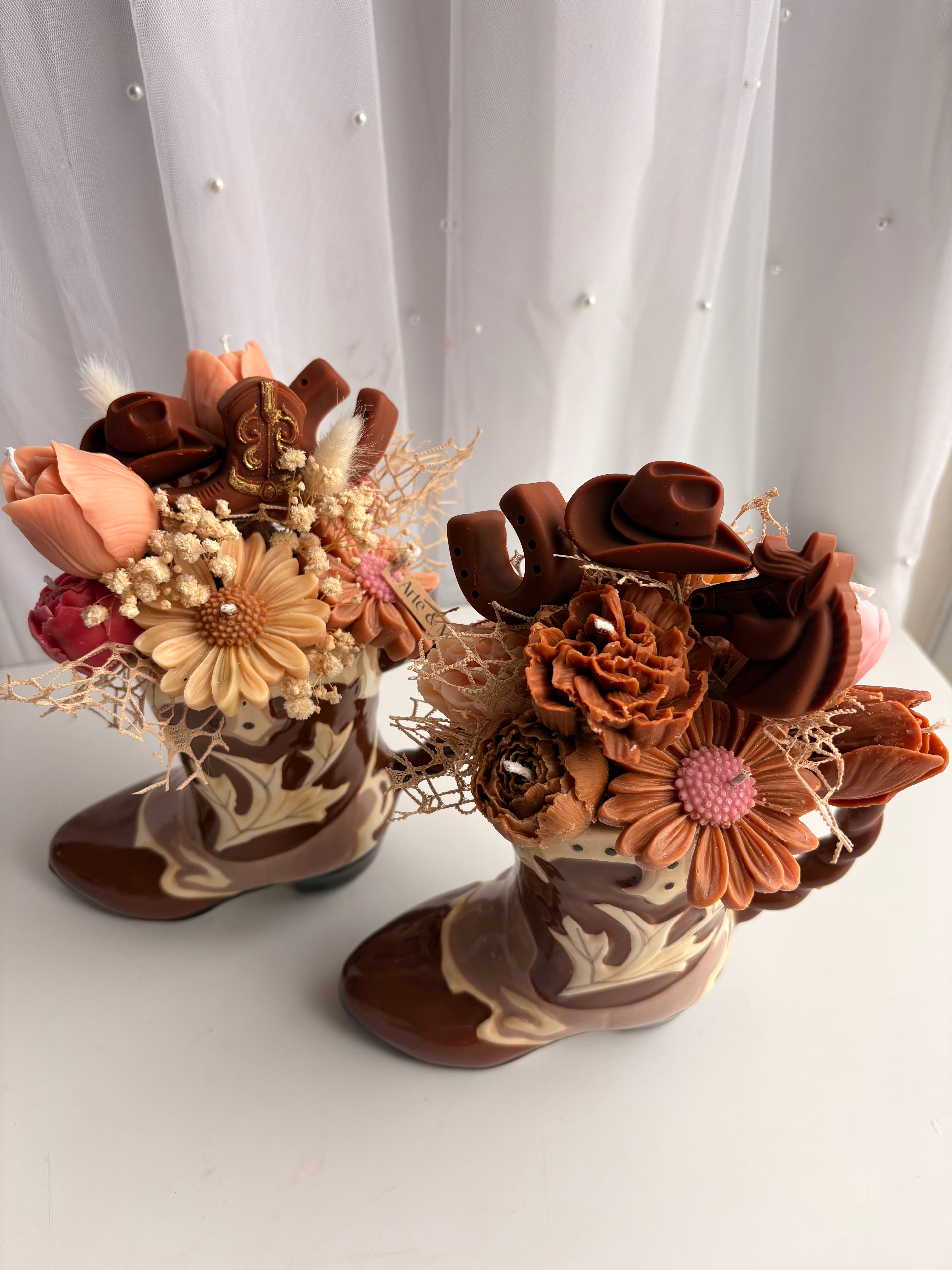 Ceramic Cowboy Boot Floral Candle