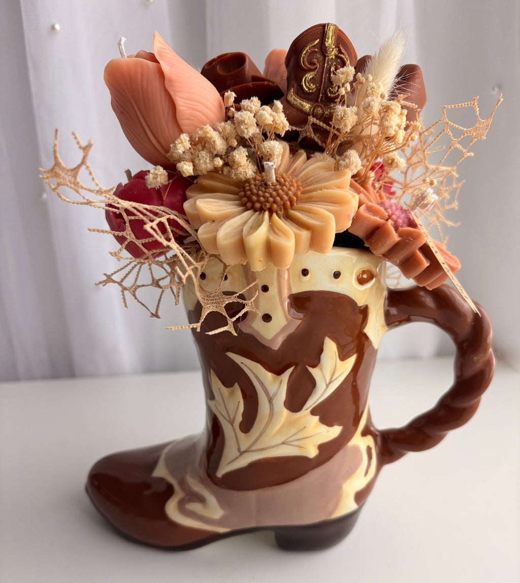 Ceramic Cowboy Boot Floral Candle