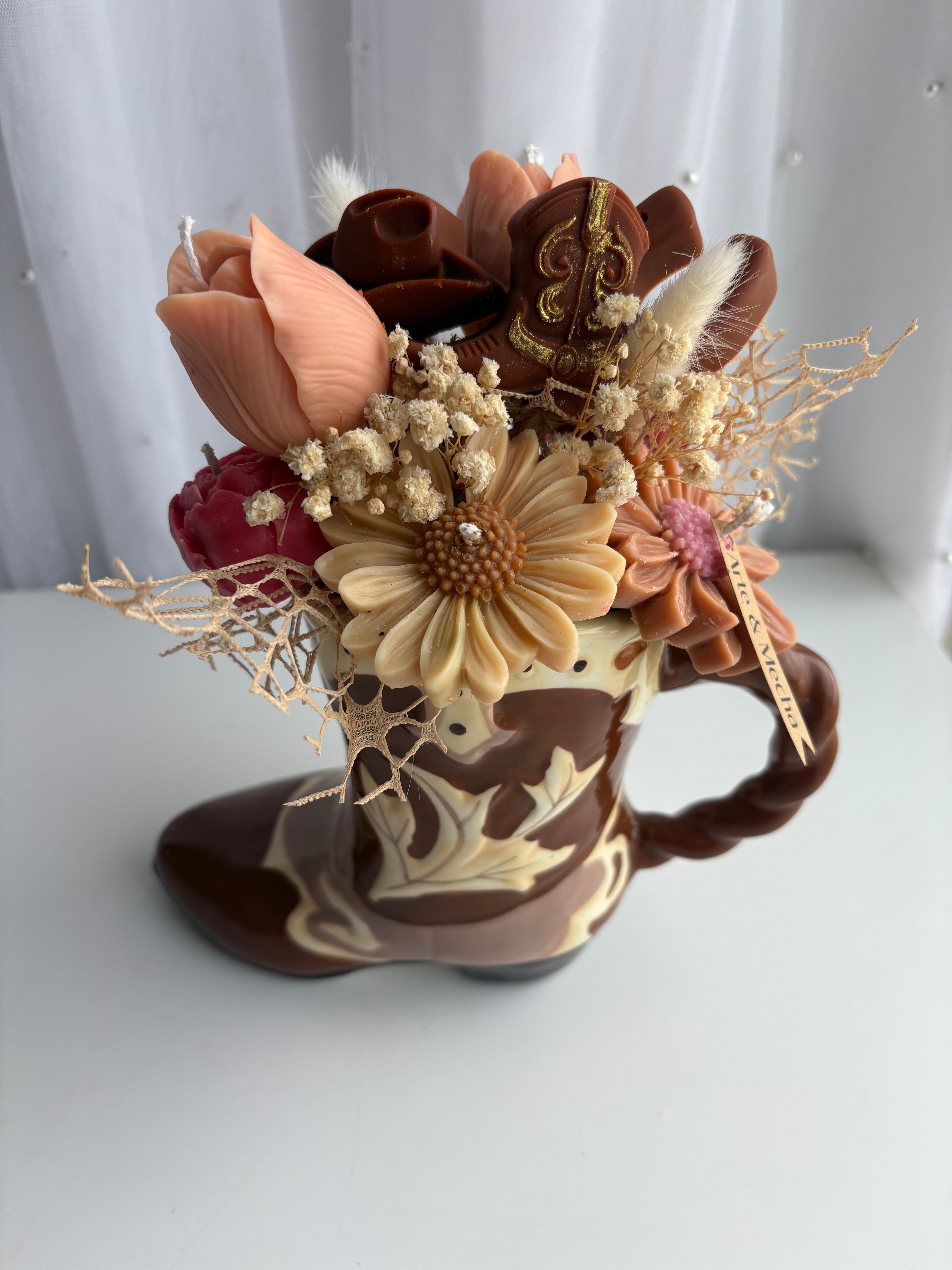 Ceramic Cowboy Boot Floral Candle