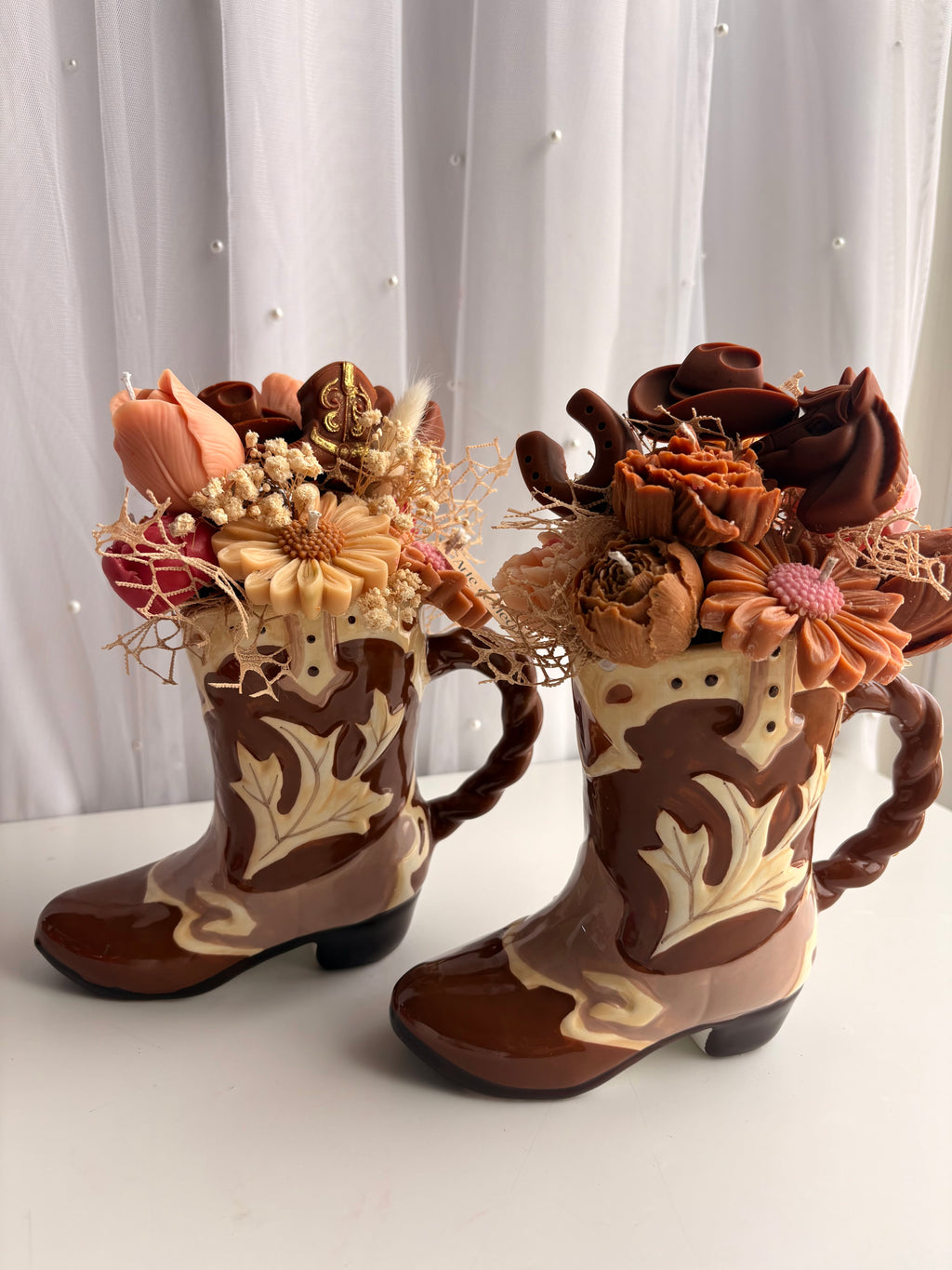 Ceramic Cowboy Boot Floral Candle