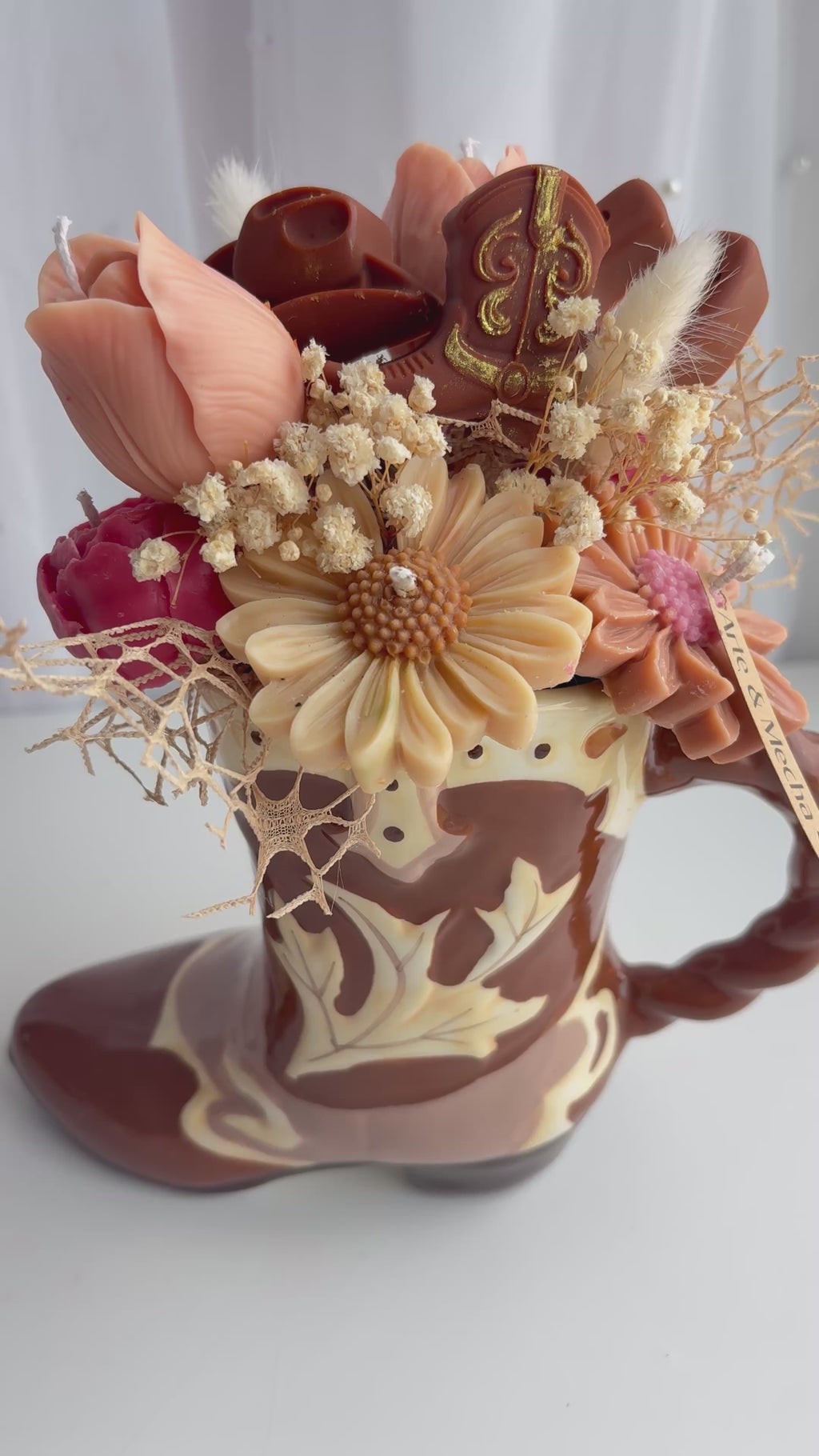 Ceramic Cowboy Boot Floral Candle